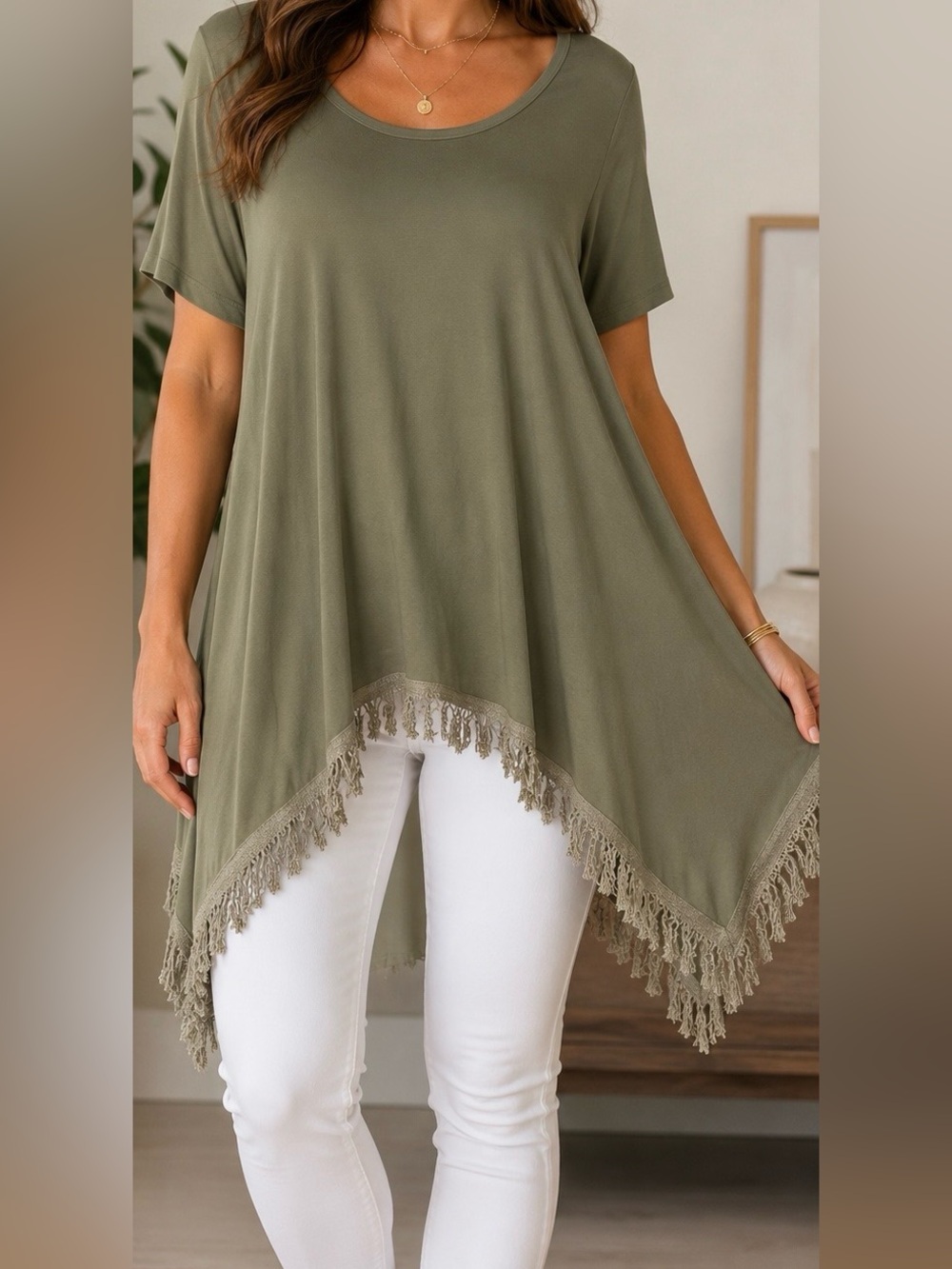 C.U.K.Y. Olive Boho Fringe Tunic Dress | One Size
